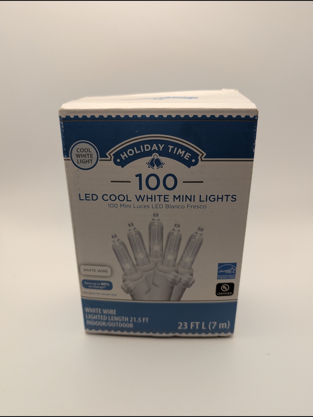 100 LED Cool White Mini Christmas Lights 21.5 Ft WHITE WIRE Holiday Time NEW